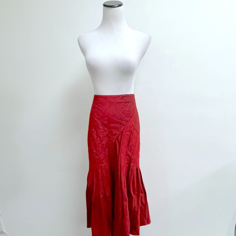 Harari red 100% silk shantung midi skirt M made in USA